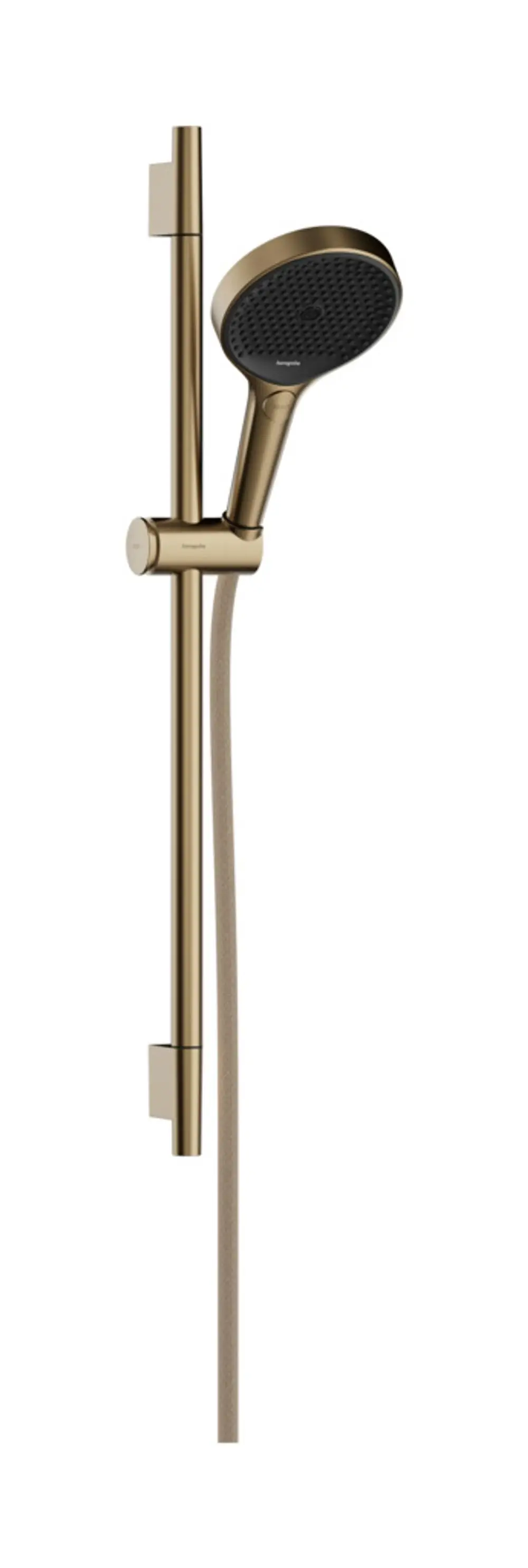 Hansgrohe Brauseset mit Handbrause und Halterung an einer vertikalen Brausestange. Textilbrauseschlauch in Bronze. Nutzung im Badezimmer für Dusche.